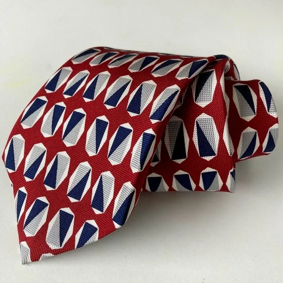 Hickey Freeman Italian Silk Necktie Tie Red Black Gray Geometric Pattern 56x3.75 - Picture 1 of 7